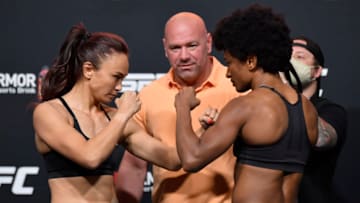 LAS VEGAS, NEVADA - SEPTEMBER 11: In this handout image provided by UFC, (L-R) Opponents Michelle Waterson and Angela Hill face off during the UFC Fight Night weigh-in at UFC APEX on September 11, 2020 in Las Vegas, Nevada. (Photo by Jeff Bottari/Zuffa LLC via Getty Images)