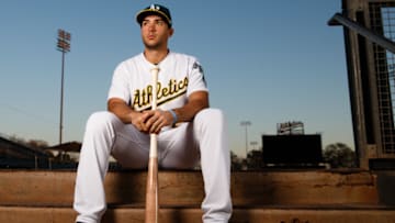 MESA, AZ - FEBRUARY 22: Matt Olson #28 of the Oakland Athletics poses for a portrait during photo day at HoHoKam Stadium on February 22, 2018 in Mesa, Arizona. (Photo by Justin Edmonds/Getty Images)