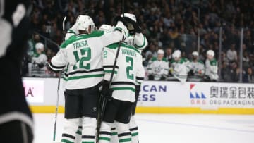 LOS ANGELES, CA - JANUARY 09: Dallas Stars celebrate after Dallas Stars Defenceman Jamie Oleksiak (5) scores a goal during the game against the Los Angeles Kings on January 09, 2017, at the Staples Center in Los Angeles, CA. (Photo by Adam Davis/Icon Sportswire via Getty Images)