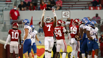 Nov 7, 2020; Norman, Oklahoma, USA; Oklahoma Sooners defensive end Ronnie Perkins (7) reacts during the second half against the Kansas Jayhawks at Gaylord Family-Oklahoma Memorial Stadium. Mandatory Credit: Kevin Jairaj-USA TODAY Sports