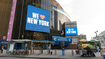 NEW YORK, NEW YORK - AUGUST 29: A 'we love New York' is displayed on a billboard outside the Madison Square Garden as the city continues Phase 4 of re-opening following restrictions imposed to slow the spread of coronavirus on August 29, 2020 in New York City. The fourth phase allows outdoor arts and entertainment, sporting events without fans and media production. (Photo by Noam Galai/Getty Images)