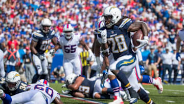 ORCHARD PARK, NY - SEPTEMBER 16: Melvin Gordon #28 of the Los Angeles Chargers carries the ball for a touchdown during the first quarter against the Buffalo Bills at New Era Field on September 16, 2018 in Orchard Park, New York. (Photo by Brett Carlsen/Getty Images)