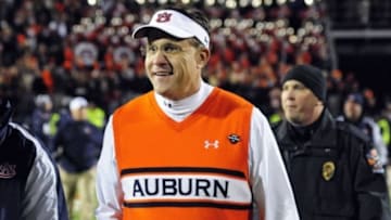 Nov 1, 2014; Oxford, MS, USA; Auburn Tigers head coach Gus Malzahn reacts after the win over the Ole Miss Rebels at Vaught-Hemingway Stadium. Auburn won 35-31. Mandatory Credit: Shanna Lockwood-USA TODAY Sports