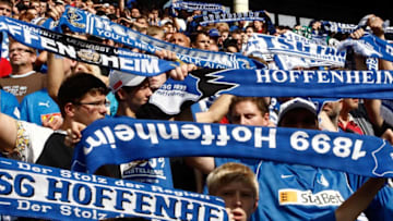 MANNHEIM, GERMANY - AUGUST 23: The Fans of TSG 1899 Hoffenheim celebrate after winning during the Bundesliga match TSG 1899 Hoffenheim against Borussia Moenchengladbach at the Carl Benz stadium in Mannheim on August 23, 2008 in Mannheim, Germany. (Photo by Thorsten Wagner/Bongarts/Getty Images)