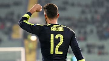 Arsenal's French forward Olivier Giroud celebrates after scoring a goal during the UEFA Champions League Group A football match between PFC Ludogorets and Arsenal, on November 1, 2016 at the Vassil Levski stadium in Sofia. / AFP / DIMITAR DILKOFF (Photo credit should read DIMITAR DILKOFF/AFP/Getty Images)