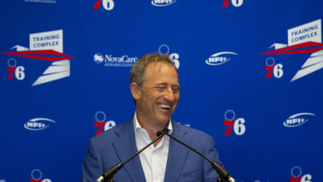 CAMDEN, NJ - SEPTEMBER 13: Owner of the Philadelphia 76ers, Joshua Harris, speaks at the podium prior to the team unveiling a sculpture to honor Charles Barkley at their practice facility on September 13, 2019 in Camden, New Jersey. (Photo by Mitchell Leff/Getty Images)