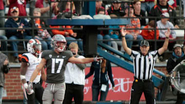 PULLMAN, WA - SEPTEMBER 16: Kyle Sweet #17 of the Washington State Cougars scores a touchdown in the second half against the Oregon State Beavers at Martin Stadium on September 16, 2017 in Pullman, Washington. Washington State defeated Oregon State 52-23. (Photo by William Mancebo/Getty Images)