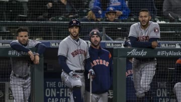 SEATTLE, WA - APRIL 18: From left, Alex Bregman #2 of the Houston Astros, George Springer #4 of the Houston Astros, Justin Verlander #35 of the Houston Astros and Carlos Correa #1 of the Houston Astros watch a play during a game against the Seattle Mariners at Safeco Field on April 18, 2018 in Seattle, Washington. The Astros won the game 7-1. (Photo by Stephen Brashear/Getty Images) *** Local Caption *** Jose Altuve;George Springer;Justin Verlander;Carlos Correa