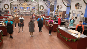 Contestants group shot - LaShonda, Lorenzo, Jamaal, Jonathan, Eva, Jeffrey, Kess, Megan, Jon, Julianna, Aubrey and Kristina, as seen on Holiday Baking Championship, Season 7. Photo provided by Food Network