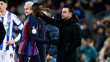 Ousmane Dembélé and Xavi Hernandez during the Copa del Rey match between FC Barcelona and Real Sociedad at the Spotify Camp Nou on January 25, 2023 in Barcelona Spain (Photo by David S. Bustamante/Soccrates/Getty Images)