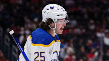 WASHINGTON, DC - MARCH 15: Owen Power #25 of the Buffalo Sabres reacts to a play against the Washington Capitals during the first period of the game at Capital One Arena on March 15, 2023 in Washington, DC. (Photo by Scott Taetsch/Getty Images)