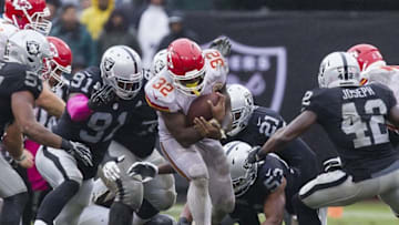 Oct 16, 2016; Oakland, CA, USA; Kansas City Chiefs running back Spencer Ware (32) carries the ball against the Oakland Raiders during the fourth quarter at Oakland Coliseum. The Kansas City Chiefs defeated the Oakland Raiders 26-10. Mandatory Credit: Kelley L Cox-USA TODAY Sports