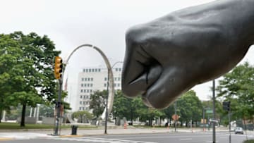 A general view of the Monument to boxer Joe Louis "The Fist" by Robert Graham on August 12, 2014 in Detroit, Michigan. (Photo by Paul Marotta/Getty Images)