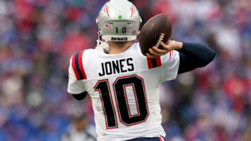 ORCHARD PARK, NEW YORK - JANUARY 08: Mac Jones #10 of the New England Patriots during the first quarter against the Buffalo Bills at Highmark Stadium on January 08, 2023 in Orchard Park, New York. (Photo by Bryan Bennett/Getty Images)
