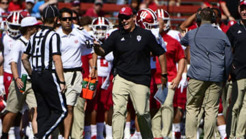 PISCATAWAY, NJ - SEPTEMBER 29: Head Coach Tom Allen of the Indiana Hoosiers challenges a call against the Rutgers Scarlet Knights during the first quarter at HighPoint.com Stadium on September 29, 2018 in Piscataway, New Jersey. (Photo by Corey Perrine/Getty Images)