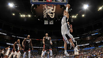 ORLANDO, FL - OCTOBER 7: Aaron Gordon #00 of the Orlando Magic dunks against the Miami Heat during a preseason game on October 8, 2017 at Amway Center in Orlando, Florida. NOTE TO USER: User expressly acknowledges and agrees that, by downloading and or using this photograph, User is consenting to the terms and conditions of the Getty Images License Agreement. Mandatory Copyright Notice: Copyright 2017 NBAE (Photo by Fernando Medina/NBAE via Getty Images)