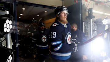 WINNIPEG, MB - MAY 14: Patrik Laine #29 of the Winnipeg Jets leads his teammates to the ice for the start of NHL action against the Vegas Golden Knights in Game Two of the Western Conference Final during the 2018 NHL Stanley Cup Playoffs at the Bell MTS Place on May 14, 2018 in Winnipeg, Manitoba, Canada. (Photo by Darcy Finley/NHLI via Getty Images)