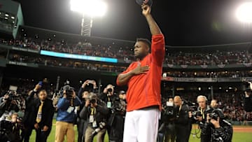 Oct 10, 2016; Boston, MA, USA; Boston Red Sox designated hitter David Ortiz (34) salutes the fans after the loss against the Cleveland Indians in game three of the 2016 ALDS playoff baseball series at Fenway Park. Mandatory Credit: Bob DeChiara-USA TODAY Sports