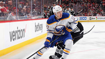NEWARK, NEW JERSEY - APRIL 11: Jack Quinn #22 of the Buffalo Sabres against the New Jersey Devils at the Prudential Center on April 11, 2023 in Newark, New Jersey. (Photo by Bruce Bennett/Getty Images)