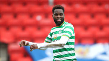 PERTH, SCOTLAND - FEBRUARY 14: Odsonne Edouard of Celtic celebrates after scoring their team's second goal during the Ladbrokes Scottish Premiership match between St. Johnstone and Celtic at McDiarmid Park on February 14, 2021 in Perth, Scotland. Sporting stadiums around the UK remain under strict restrictions due to the Coronavirus Pandemic as Government social distancing laws prohibit fans inside venues resulting in games being played behind closed doors. (Photo by Ian MacNicol/Getty Images)