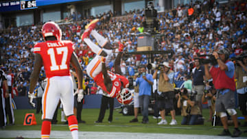 CARSON, CA - SEPTEMBER 09: Wide receiver Tyreek Hill #10 of the Kansas City Chiefs celebrates a touchdown with wide receiver Chris Conley #17 after scoring to lead 38-20 in the fourth quarter against the Los Angeles Chargers at StubHub Center on September 9, 2018 in Carson, California. (Photo by Harry How/Getty Images)