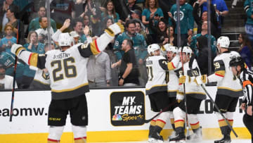 SAN JOSE, CA - APRIL 23: Jonathan Marchessault #81 of the Vegas Golden Knights celebrates after scoring a goal during the third period against the San Jose Sharks in Game Seven of the Western Conference First Round during the 2019 Stanley Cup Playoffs at SAP Center on April 23, 2019 in San Jose, California. (Photo by Jeff Bottari/NHLI via Getty Images)