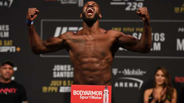 LAS VEGAS, NEVADA - JULY 05: Jon Jones poses on the scale during the UFC 235 weigh-in at T-Mobile Arena on July 5, 2019 in Las Vegas, Nevada. (Photo by Josh Hedges/Zuffa LLC/Zuffa LLC via Getty Images)