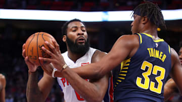 Detroit Pistons Andre Drummond and Indiana Pacers Myles Turner. (Photo by Gregory Shamus/Getty Images)