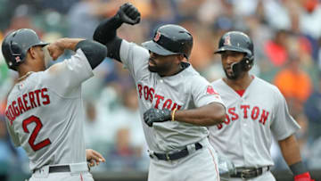 DETROIT, MI - JULY 22: Jackie Bradley Jr. #19 of the Boston Red Sox celebrates with teammates Xander Bogaerts #2 and Eduardo Nunez #36 after hitting three run home run in the fourth inning of the game against the Detroit Tigers at Comerica Park on July 22, 2018 in Detroit, Michigan. (Photo by Leon Halip/Getty Images)