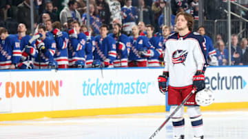 NEW YORK, NY - APRIL 05: Artemi Panarin #9 of the Columbus Blue Jackets looks on during the national anthem prior to the game against the New York Rangers at Madison Square Garden on April 5, 2019 in New York City. (Photo by Jared Silber/NHLI via Getty Images)