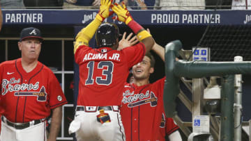 Sep 16, 2022; Atlanta, Georgia, USA; Atlanta Braves right fielder Ronald Acuna Jr. (13) celebrates after a two-run home run with first baseman Matt Olson (28) against the Philadelphia Phillies in the eighth inning at Truist Park. Mandatory Credit: Brett Davis-USA TODAY Sports