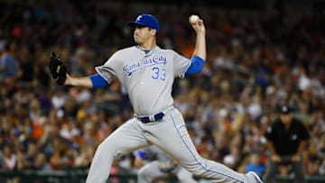 Jul 15, 2016; Detroit, MI, USA; Kansas City Royals relief pitcher Brian Flynn (33) pitches in the eighth inning against the Detroit Tigers at Comerica Park. Detroit won 4-2. Mandatory Credit: Rick Osentoski-USA TODAY Sports