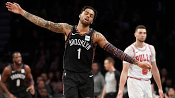 NEW YORK, NEW YORK - FEBRUARY 08: D'Angelo Russell #1 of the Brooklyn Nets reacts during the second half of the game against the Chicago Bulls at Barclays Center on February 08, 2019 in the Brooklyn borough of New York City. NOTE TO USER: User expressly acknowledges and agrees that, by downloading and or using this photograph, User is consenting to the terms and conditions of the Getty Images License Agreement. (Photo by Sarah Stier/Getty Images)