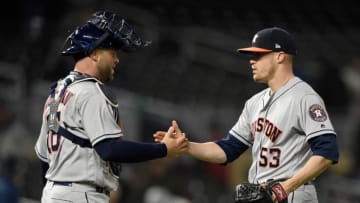 MINNEAPOLIS, MN - APRIL 9: Brian McCann #16 and Ken Giles #53 of the Houston Astros celebrate winning against the Minnesota Twins after the game on April 9, 2018 at Target Field in Minneapolis, Minnesota. The Astros defeated the Twins 2-0. (Photo by Hannah Foslien/Getty Images)