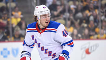 PITTSBURGH, PA - APRIL 06: New York Rangers Left Wing Brendan Lemieux (48) looks on during the first period in the NHL game between the Pittsburgh Penguins and the New York Rangers on April 6, 2019, at PPG Paints Arena in Pittsburgh, PA. (Photo by Jeanine Leech/Icon Sportswire via Getty Images)