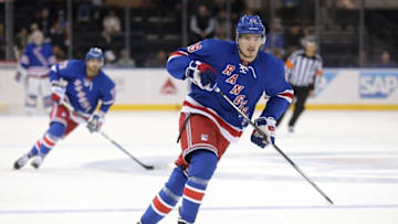 Sep 29, 2016; New York, NY, USA; New York Rangers right wing Pavel Buchnevich (89) skates against the New Jersey Devils during the third period of a preseason hockey game at Madison Square Garden. Mandatory Credit: Brad Penner-USA TODAY Sports