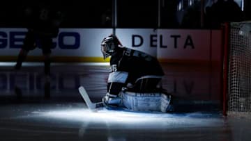 Jack Campbell #36 of the Los Angeles Kings stretches before a game against the Washington Capitals at Staples Center. (Photo by Katharine Lotze/Getty Images)