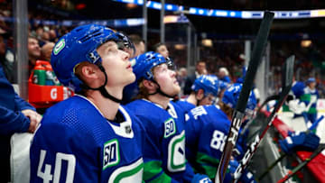 VANCOUVER, BC - NOVEMBER 5: Elias Pettersson #40 of the Vancouver Canucks looks on from the bench during their NHL game against the St. Louis Blues at Rogers Arena November 5, 2019 in Vancouver, British Columbia, Canada. (Photo by Jeff Vinnick/NHLI via Getty Images)"n