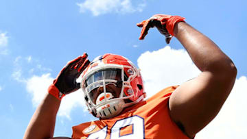 CLEMSON, SC - SEPTEMBER 01: Offensive lineman Jackson Carman #79 of the Clemson Tigers celebrates after a touchdown in the third quarter of the Tigers' football game against the Furman Paladins at Clemson Memorial Stadium on September 1, 2018 in Clemson, South Carolina. (Photo by Mike Comer/Getty Images)