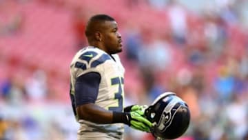 Oct 17, 2013; Phoenix, AZ, USA; Seattle Seahawks running back Christine Michael against the Arizona Cardinals at University of Phoenix Stadium. Mandatory Credit: Mark J. Rebilas-USA TODAY Sports