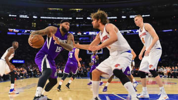 Mar 20, 2016; New York, NY, USA; Sacramento Kings center DeMarcus Cousins (15) is defended by New York Knicks center Robin Lopez (8) during the second quarter at Madison Square Garden. Mandatory Credit: Steven Ryan-USA TODAY Sports