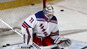NEWARK, NEW JERSEY - MARCH 06: Keith Kinkaid #71 of the New York Rangers warms up before the game against the New Jersey Devils at Prudential Center on March 06, 2021 in Newark, New Jersey.A limited number of fans are in attendance due to COVID-19 restrictions. (Photo by Elsa/Getty Images)