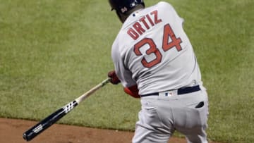 Jun 2, 2016; Baltimore, MD, USA; Boston Red Sox designated hitter David Ortiz (34) hit a three run home run during the sixth inning against the Baltimore Orioles at Oriole Park at Camden Yards. Mandatory Credit: Tommy Gilligan-USA TODAY Sports