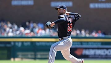 Apr 23, 2016; Detroit, MI, USA; Cleveland Indians starting pitcher Corey Kluber (28) delivers a pitch against the Detroit Tigers in the first inning at Comerica Park. Mandatory Credit: Aaron Doster-USA TODAY Sports