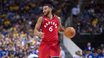 October 5, 2015; San Jose, CA, USA; Toronto Raptors guard Cory Joseph (6) dribbles the basketball during the first half in a preseason game against the Golden State Warriors at SAP Center. The Warriors defeated the Raptors 95-87. Mandatory Credit: Kyle Terada-USA TODAY Sports
