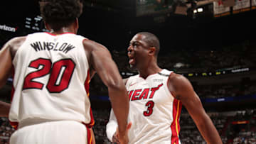 MIAMI, FL - APRIL 19: Dwyane Wade #3 of the Miami Heat reacts to a play against the Philadelphia 76ers in Game Three of Round One of the 2018 NBA Playoffs on April 19, 2018 at American Airlines Arena in Miami, Florida. NOTE TO USER: User expressly acknowledges and agrees that, by downloading and or using this Photograph, user is consenting to the terms and conditions of the Getty Images License Agreement. Mandatory Copyright Notice: Copyright 2018 NBAE (Photo by Issac Baldizon/NBAE via Getty Images)