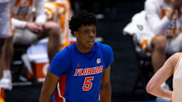 NASHVILLE, TN - MARCH 12: Omar Payne #5 of the Florida Gators stands in position against the Tennessee Volunteers during the second half of their quarterfinal game in the SEC Men's Basketball Tournament at Bridgestone Arena on March 12, 2021 in Nashville, Tennessee. Tennessee defeats Florida 78-66. (Photo by Brett Carlsen/Getty Images)