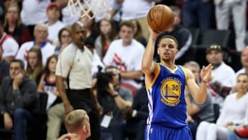 May 9, 2016; Portland, OR, USA; Golden State Warriors guard Stephen Curry (30) shoots for one of his 17 points in overtime against the Portland Trail Blazers in game four of the second round of the NBA Playoffs at Moda Center at the Rose Quarter. Mandatory Credit: Jaime Valdez-USA TODAY Sports