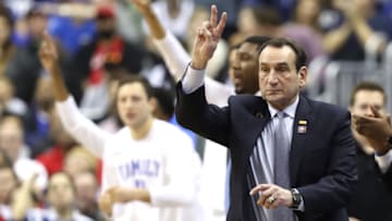 WASHINGTON, DC - MARCH 31: Head coach Mike Krzyzewski of the Duke Blue Devils looks on against the Michigan State Spartans during the second half in the East Regional game of the 2019 NCAA Men's Basketball Tournament at Capital One Arena on March 31, 2019 in Washington, DC. (Photo by Rob Carr/Getty Images)
