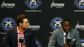 Jun 28, 2013; Orlando, FL, USA; Orlando Magic general manager Rob Hennigan (left) and first round draft pick Victor Oladipo (right) address the media during a press conference at the Amway Center. Mandatory Credit: Douglas Jones-USA TODAY Sports